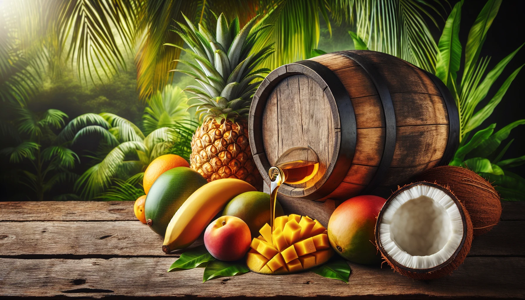 Tropical fruits and rum barrel representing The Glenlivet Caribbean Reserve