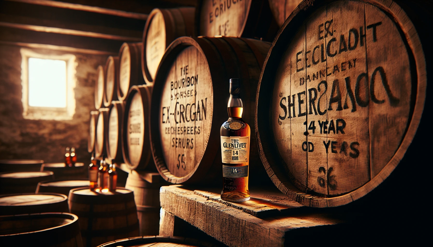 A selection of bourbon, sherry, and ex-cognac casks representing the maturation process of The Glenlivet 14 Year Old
